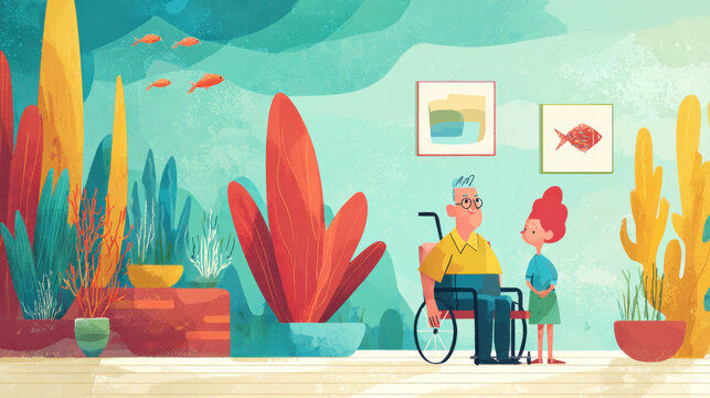 Precision telemedicine consultation shows child talking to elderly man in wheelchair in colorful room with plants and fish art