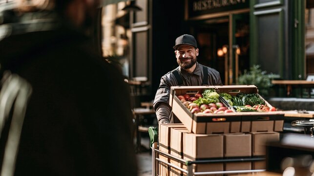 Delivery worker arrives with fresh produce for restaurant in bustling outdoor scene