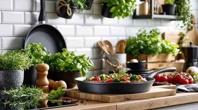 Modern Nonstick Frying Pan in Cozy Kitchen &ndash; AI Generative