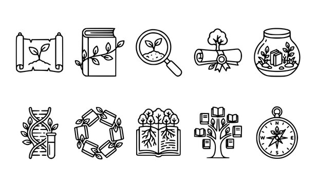 Open Book and Growing Plant Outline Icon Collection Education Vector Set