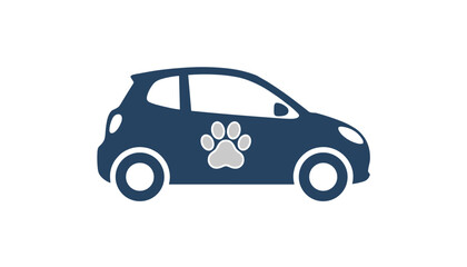 Fototapeta premium Compact urban vehicle displays prominent paw print graphic decal on driver side door representing pet friendly transportation and animal care services.
