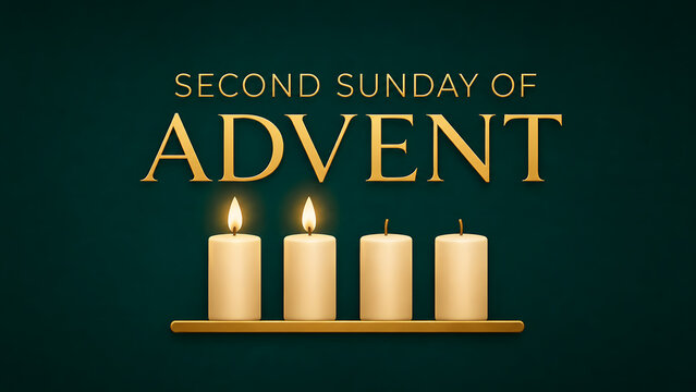 A festive graphic for the second Sunday of Advent featuring four candles on a shelf against a dark green background, with the first two candles lit.