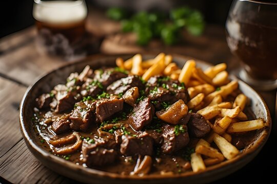 carbonnade flamande (stoofvlees or flemish beef stew) on a plate served with frites