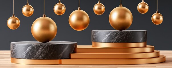 Fototapeta premium Luxury black marble Christmas podium with floating golden ornaments and festive holiday display
