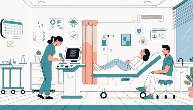 Modern Pregnancy Ultrasound Hospital Room Interior Flat Vector Illustration Template