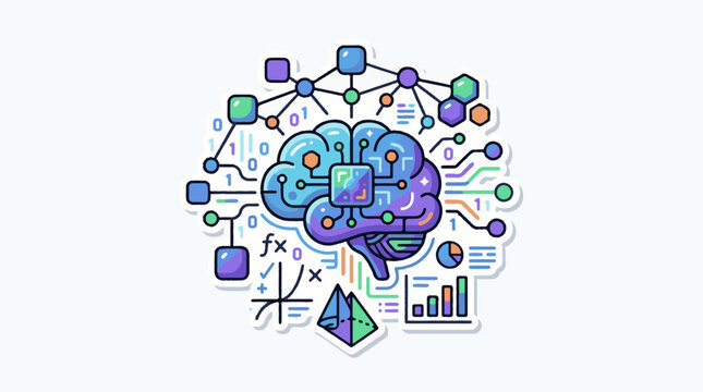 Stylized brain with digital circuitry data and math symbols
