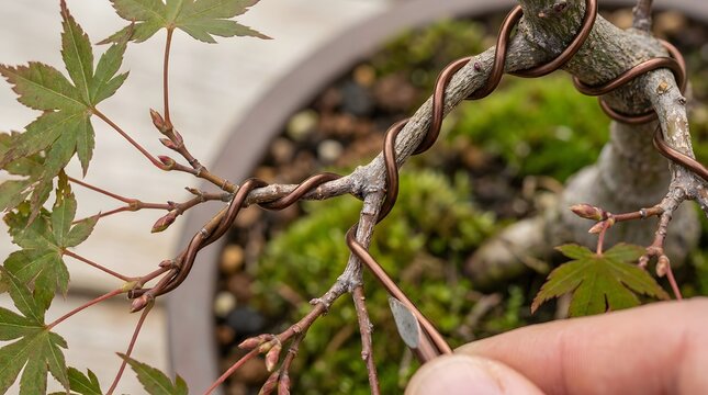 Bonsai tree wiring: Hand uses copper wire to shape a Japanese maple branch with green leaves and buds, close-up of the delicate process.
