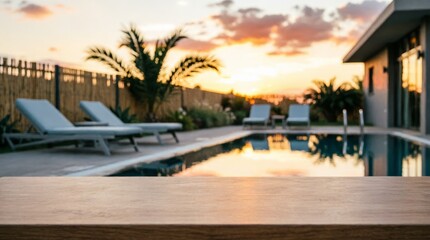 Fototapeta premium Modern Poolside Sunset with Wooden Table for Web Design