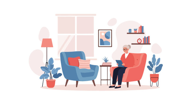 An elderly woman sits in a cozy living room, using a digital tablet while relaxing in a red armchair surrounded by indoor plants and home decor.