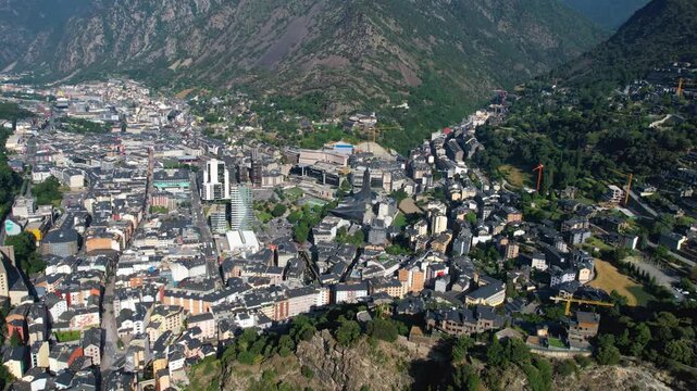 Aerial view of the capital city Andorra la Vella,  in the Pyrenees mountains between France and Spain on a sunny summer morning.