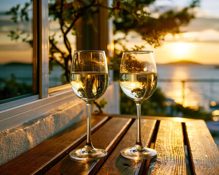 White Wine Glasses at Mediterranean Sunset &ndash; AI Generative