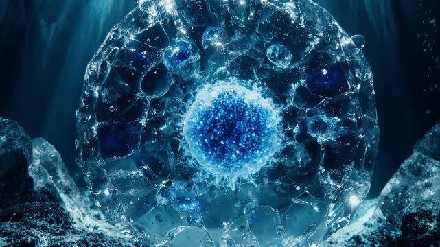 Frozen Crystal Biological Cell Floating in Deep Underwater Ice Cave