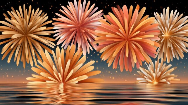 Golden New Year fireworks celebration with luxury reflections over water and festive bokeh lights
