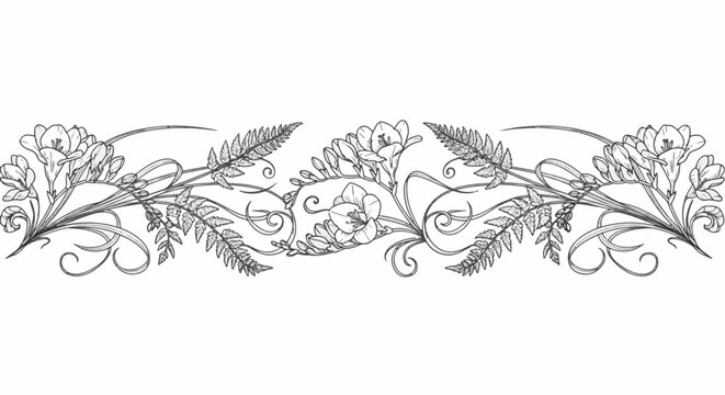 Horizontal vintage botanical border featuring black and white line art of freesia flowers, fern leaves, and elegant swirls. Monochrome floral pattern isolated on white background.