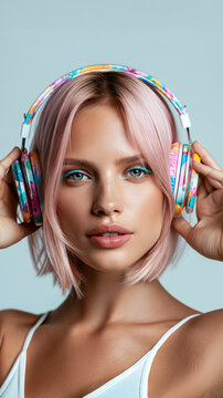 Woman with Pink Hair and Headphones - Generative AI - no real persons