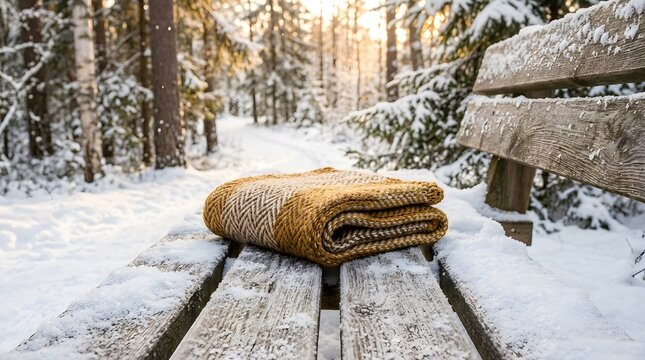 Cozy winter scene with a rolled blanket on snow-covered wooden deck in a forest setting