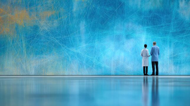 Precision telemedicine concept with two medical professionals in white coat standing in front of abstract blue background