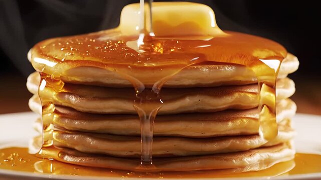 Delicious stack of hot pancakes with melting butter with butter syrup video stack carbohydrate appetizing gastronomy breakfast nutrition sweetness flapjack appetite with morning