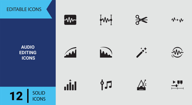 Solid Audio Editing Icons Set for Sound Engineering Waveform Manipulation and Digital Music Production