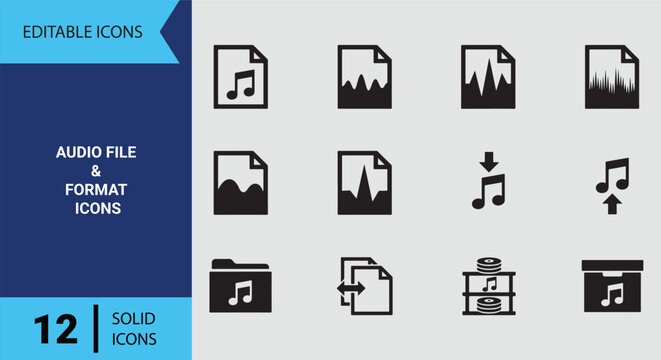 Solid Audio File and Format Icons for Media Players Sound Storage and Digital Music Libraries