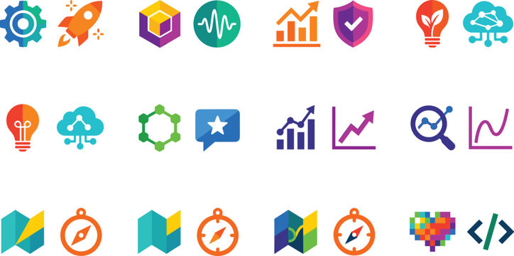 3D vector business icon set with rocket data chart map compass cloud computing and programming code for dashboard UI