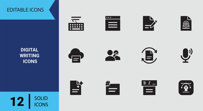 Solid Digital Writing Icons for Online Blogging Software Documentation Copywriting and Content Management