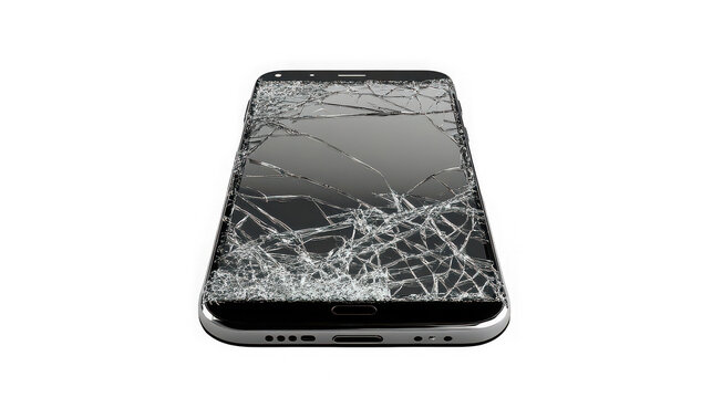 A cracked smartphone screen displaying intricate spiderweb fractures against a stark white background.