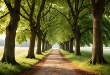 Naklejka premium Tree-lined path with mature chestnut trees in natural light