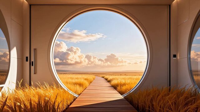 Wooden path through circular window to golden field