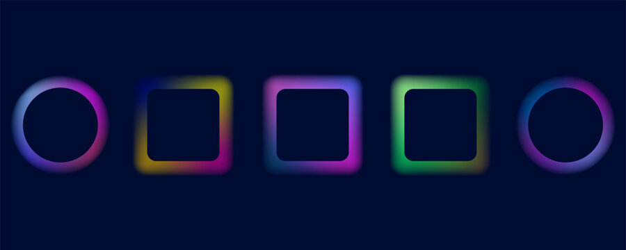 Neon glowing squares and circles with gradient light effects
