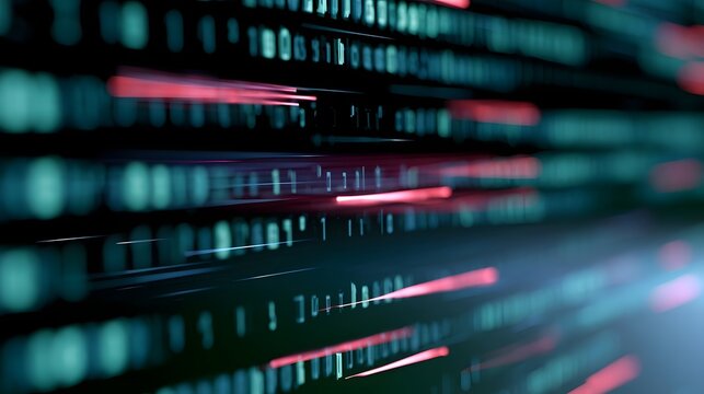 Abstract digital code streams flow across dark background with glowing teal and red light streaks creating futuristic tech atmosphere