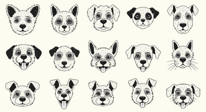 Collection of 15 hand-drawn dog face doodles in black ink line art style featuring various breeds with playful expressions and detailed fur textures on a light cream background.
