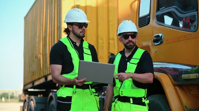 Logistics workers and engineers in safety vests using laptop while checking inventory at container terminal, representing industrial management, international trade, and supply chain technology.