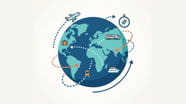 Stylized globe with various modes of transportation and compass