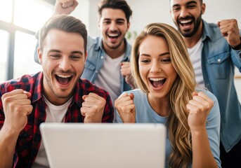 Obraz premium Excited Group of Diverse Friends Cheering and Celebrating Success While Looking at a Laptop Screen Together