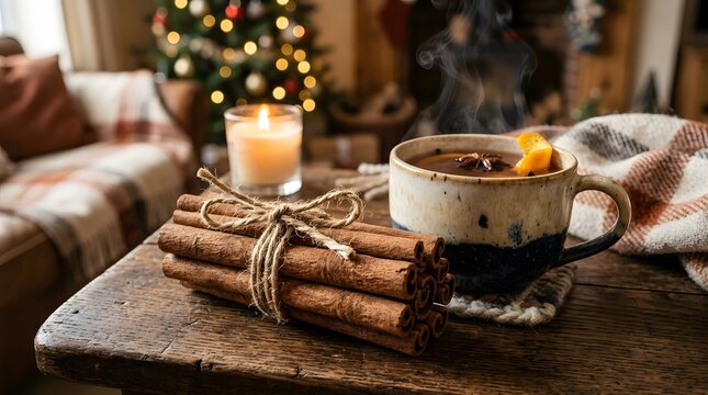 Cozy Christmas Scene with Hot Beverage and Cinnamon Sticks on Rustic Table