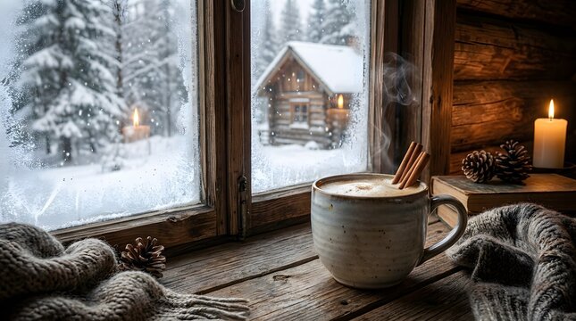 Cozy Winter Scene with Snow-covered Window, Candle, and Rustic Interior