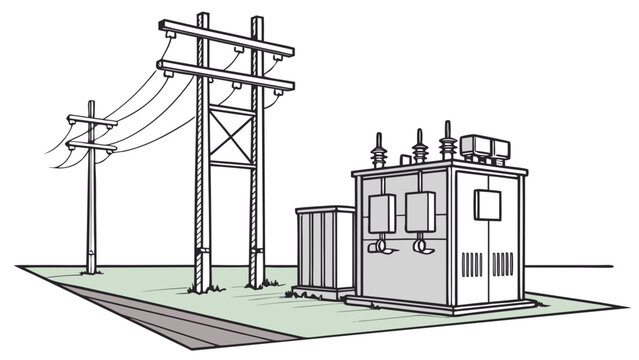 Black and white line of a small electrical transformer station with wooden utility poles and power lines on a white background