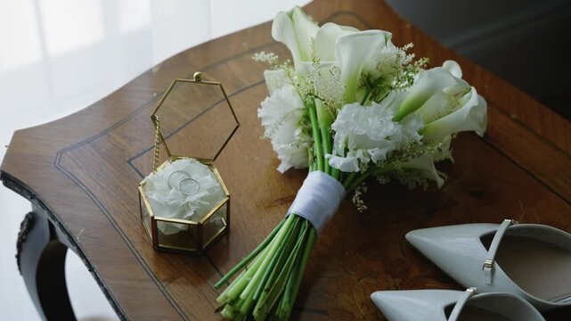 Wedding bouquet with white flowers and rings in a glass box on a wooden table, alongside elegant white shoes, creating a romantic scene