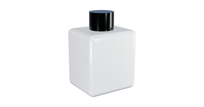White glass perfume cosmetics bottle with black cap in a transparent background