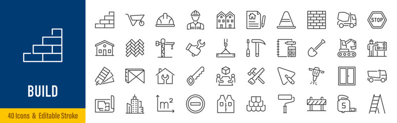 Fototapeta na wymiar Construction line icons in editable stroke style. Building, architecture, engineering, renovation, contractor, tools, blueprint, house construction collection. Editable stroke. Vector