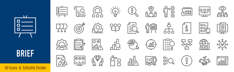Fototapeta na wymiar Creative Brief line icons in editable stroke style. Project planning, design process, marketing strategy, client brief, workflow, task management, business planning collection. Editable stroke. Vector