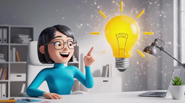 Stylized 3D cartoon animation of an original character thinking deeply before discovering a brilliant idea. Floating abstract elements transform into a glowing light bulb, symbolizing creativity, inno