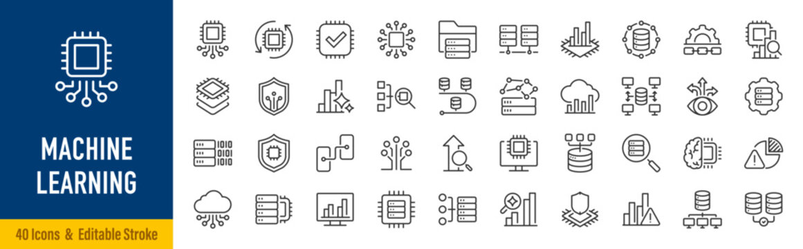 Machine Learning line icons in editable stroke style. Artificial intelligence, neural network, data science, model training, predictive analytics, vision, automation collection. Editable stroke. Vecto