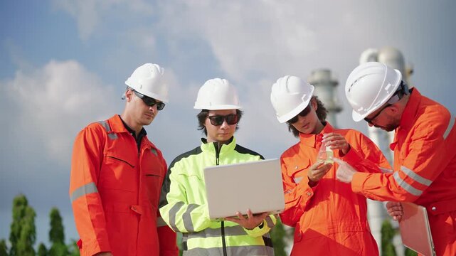 Petrochemical engineers inspecting industrial equipment and refinery operations at an oil and gas processing plant. Technical inspectors reviewing operations at a petrochemical refinery.