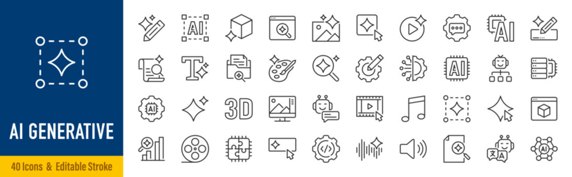 Generative AI line icons in editable stroke style. Artificial intelligence, AI tools, machine learning, prompt, text generation, image generation, AI agent collection. Editable stroke. Vector