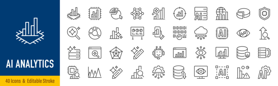AI Analytics line icons in editable stroke style. Artificial intelligence, data analytics, business intelligence, dashboard, data visualization collection. Editable stroke. Vector