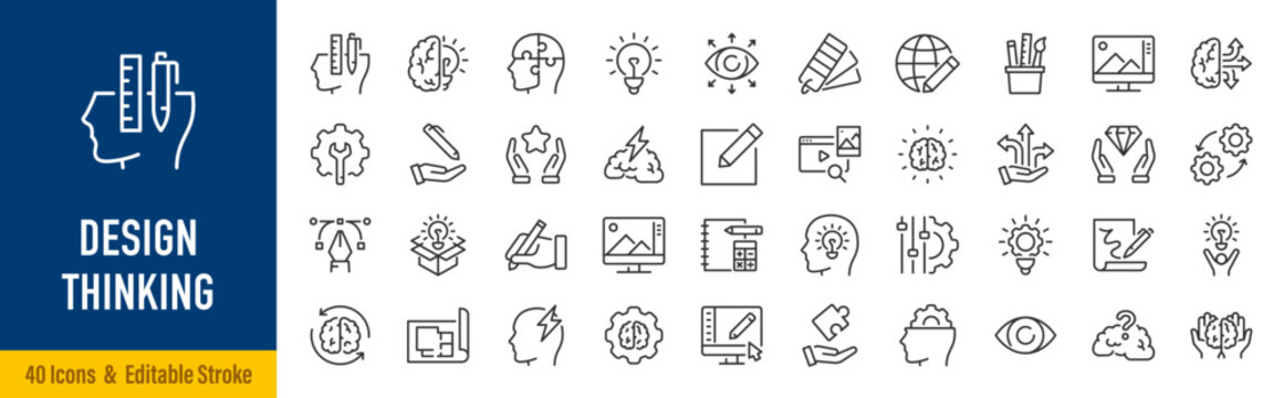 Design Thinking line icons in editable stroke style. Innovation, UX design, brainstorming, user research, prototyping, problem solving, product development collection. Editable stroke. Vector