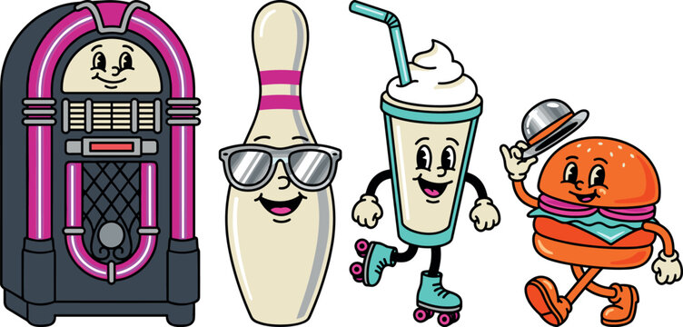 Retro diner rubber hose cartoon characters vector set with jukebox bowling pin milkshake burger on white