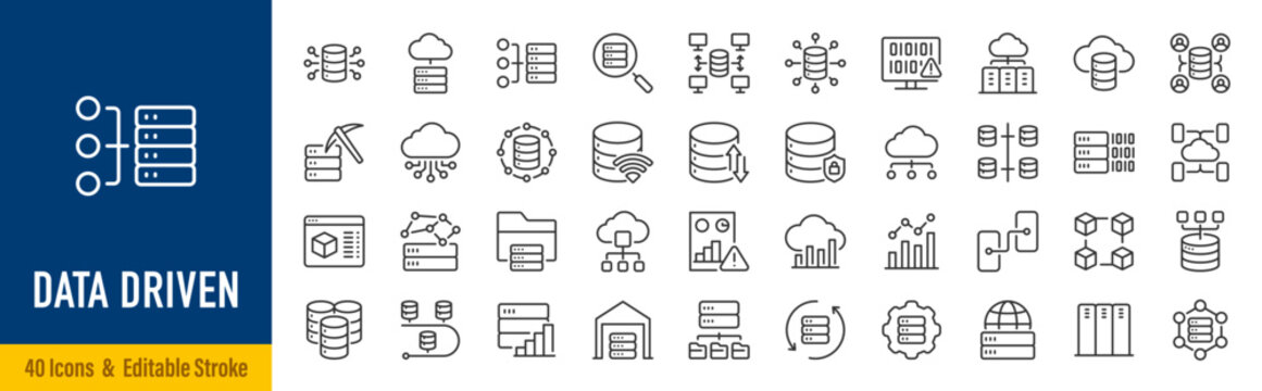 Data Driven line icons in editable stroke style. Data analytics, business intelligence, dashboard, metrics, KPI, data visualization, decision making collection. Vector
